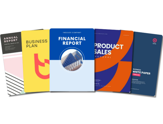 Examples of report types: annual report, business plan, financial report, product sales proposal, white paper