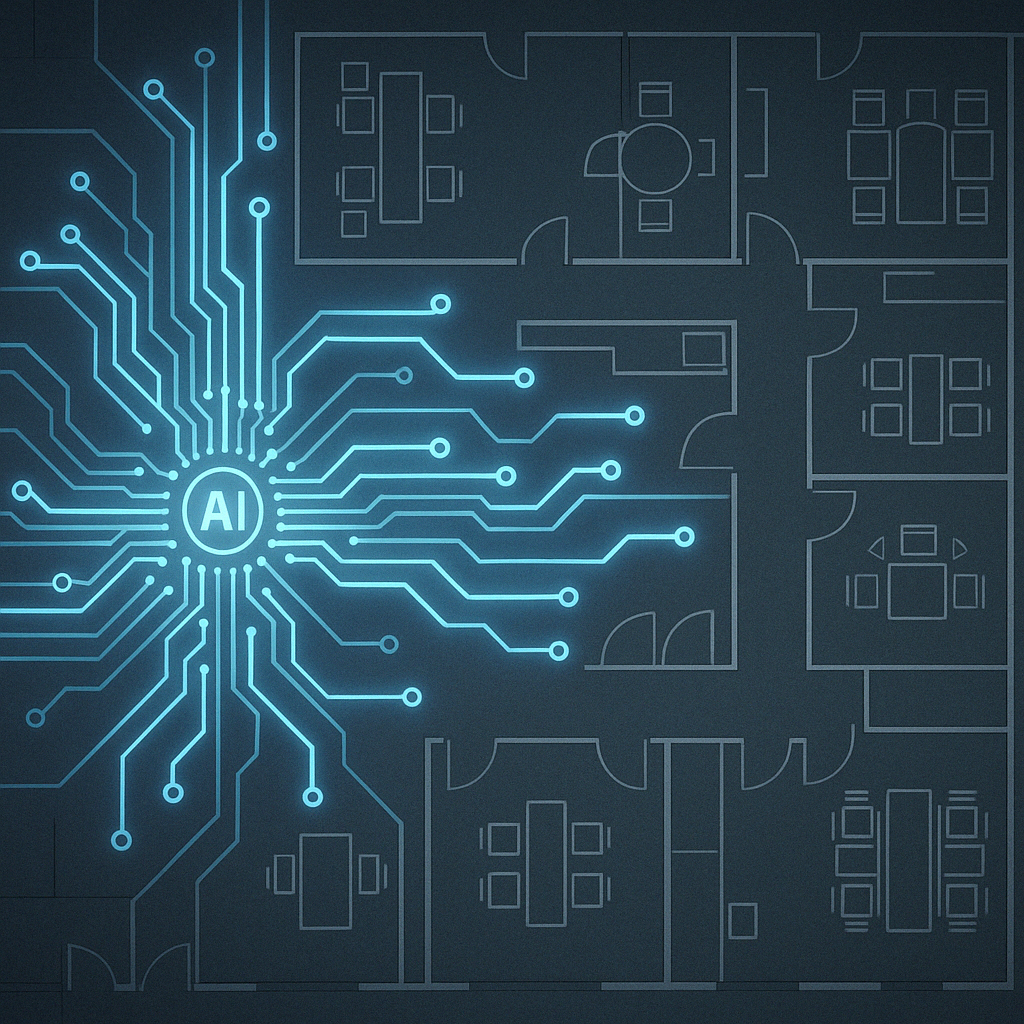 A digital illustration of a modern office floorplan with glowing AI circuitry flowing through desks, meeting rooms, and systems&mdash;symbolising intelligent automation seamlessly integrated into everyday finance workflows.
