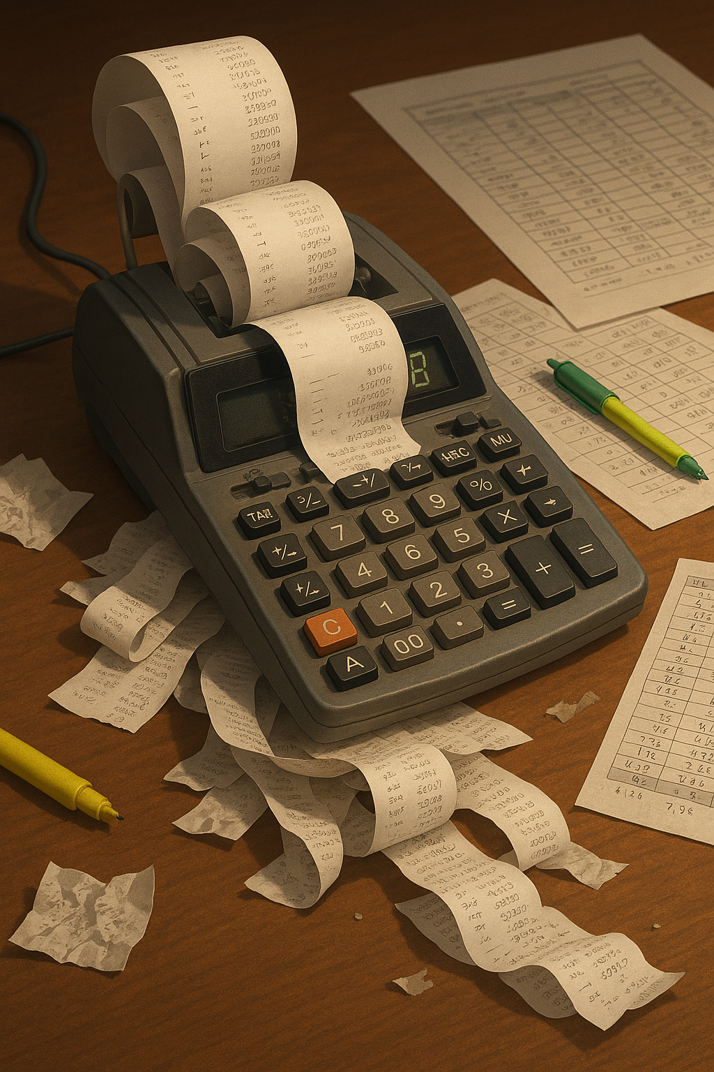 A vintage printing calculator sits on a cluttered desk, spilling a cascade of receipts from its paper feed. The warm lighting highlights worn buttons, scattered financial documents, and a sense of late-night number crunching, symbolising the manual effort behind financial accuracy.