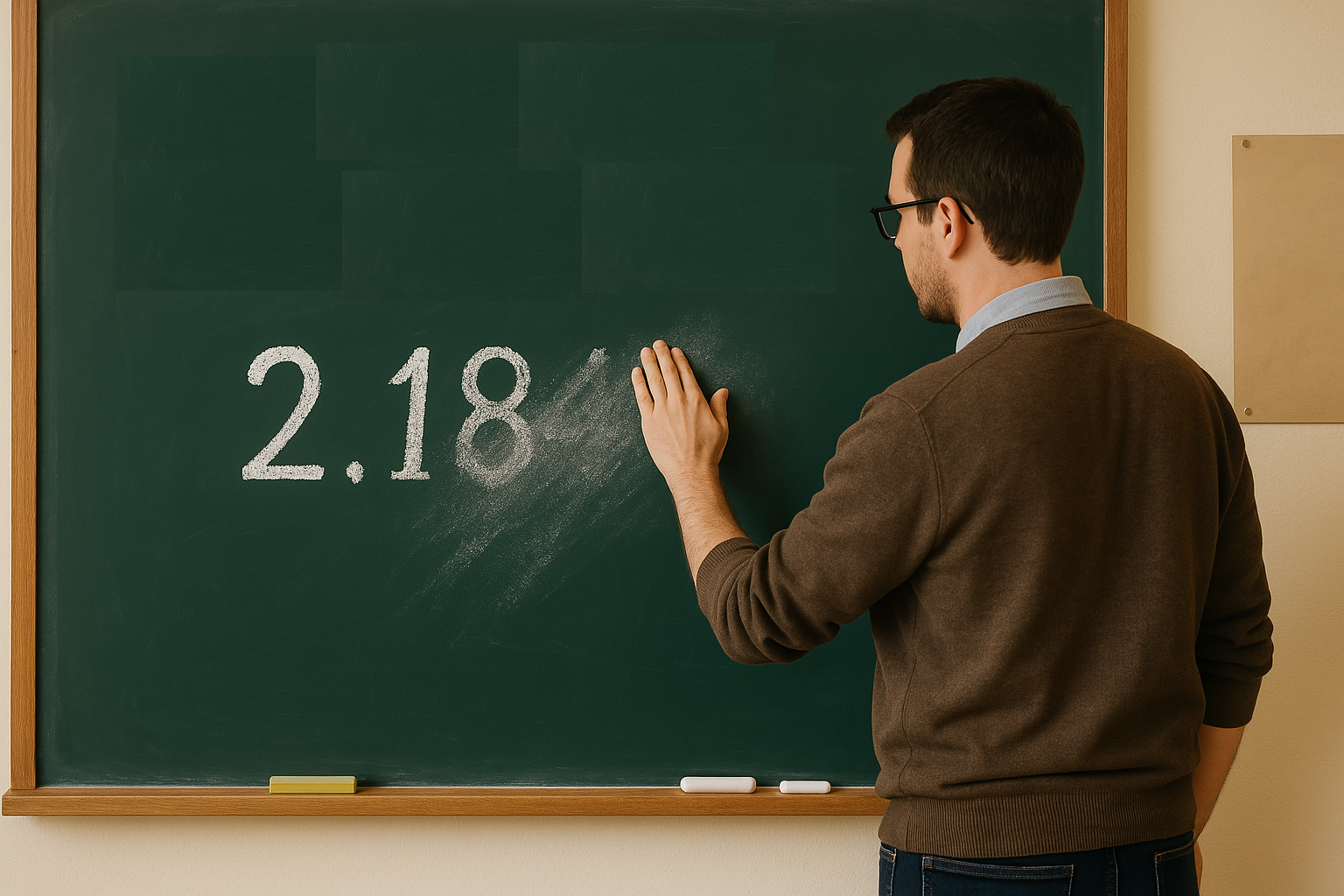A teacher in a classroom erases part of the number 2.184 from a green chalkboard under the heading "To Round or Not to Round?"&mdash;illustrating a lesson on rounding in maths. 