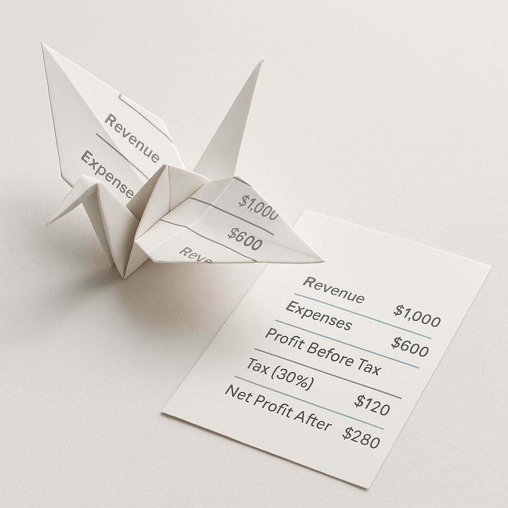 Origami crane made from a financial report, with folded panels showing jumbled table fragments and a flat section revealing a clear profit and loss summary. Symbolises report clarity, AI accuracy, and structured financial data for SaaS and finance teams.