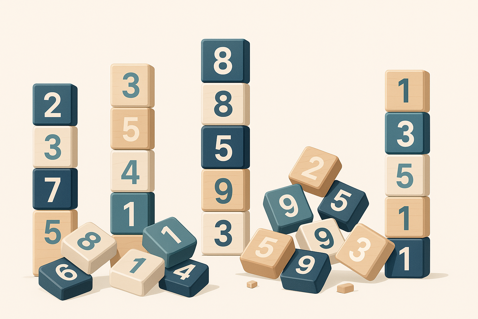 Do the numbers stack up? A visual metaphor from Accurate Digits showing six towers of numbered blocks &mdash; some standing tall, others collapsed &mdash; representing findings from our ASX Top 20 report accuracy review.